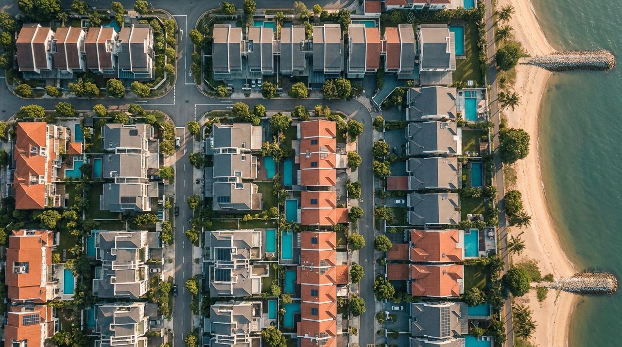 Aerial view of a Singapore East Coast landed housing enclave beside the sea