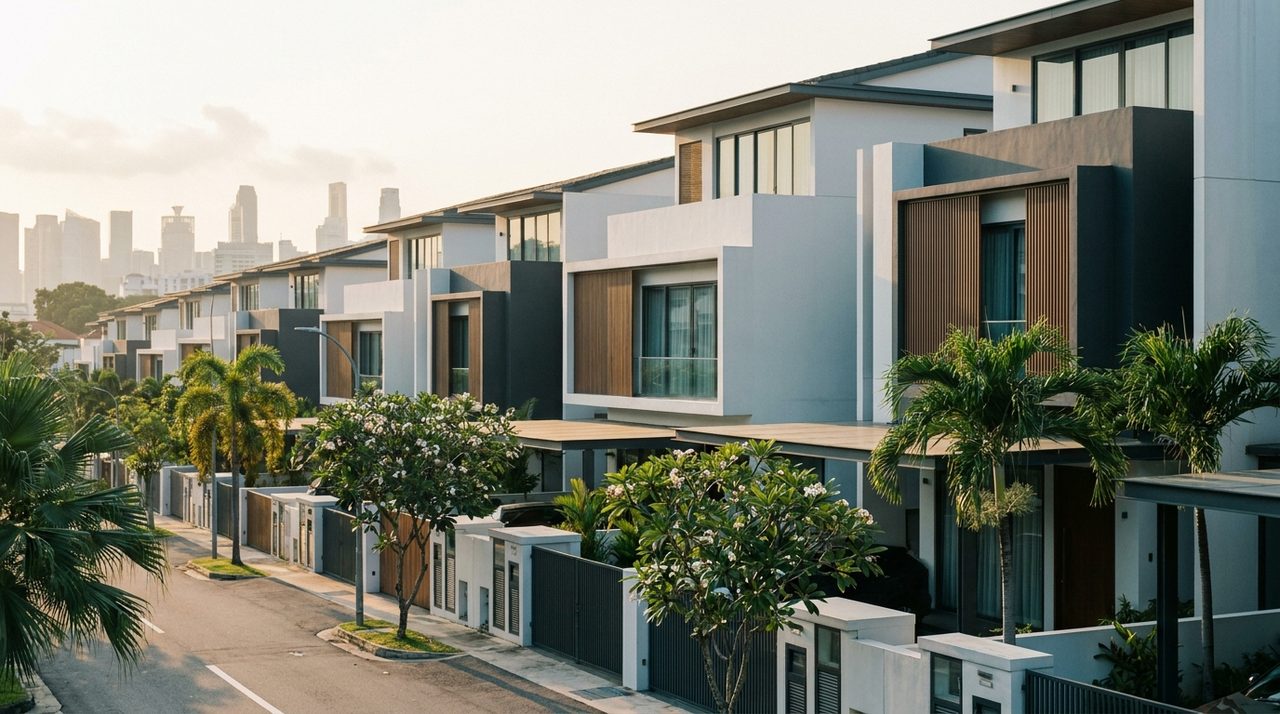 A row of modern landed terrace houses in Singapore’s East Coast at golden hour