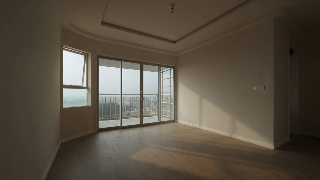 Empty living room of a Singapore apartment with balcony light