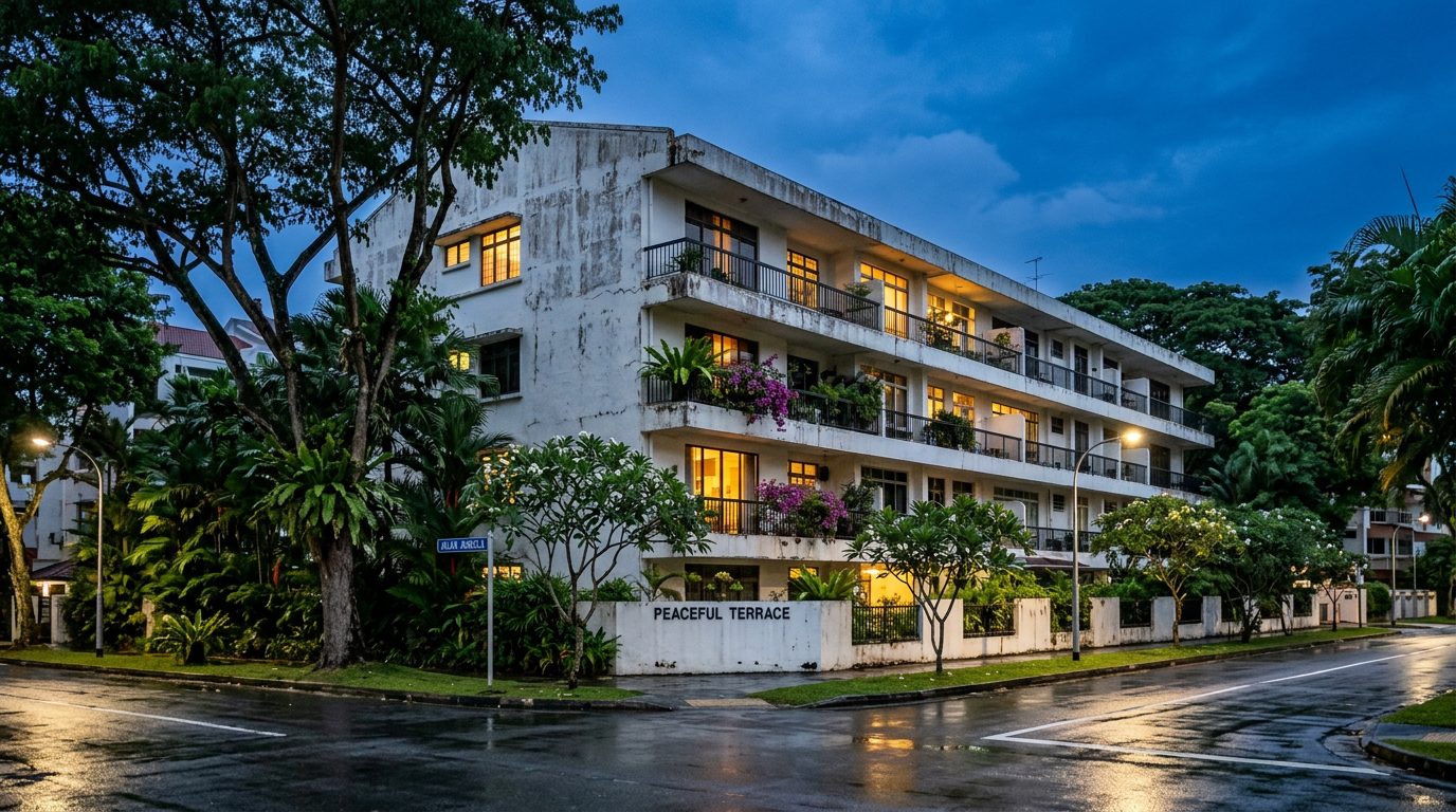 Exterior of a mature low-rise Singapore condominium at dusk