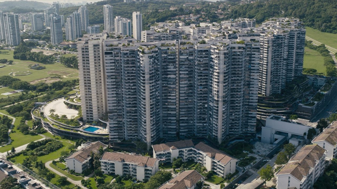Aerial view of a Singapore condominium development and its surrounding blocks